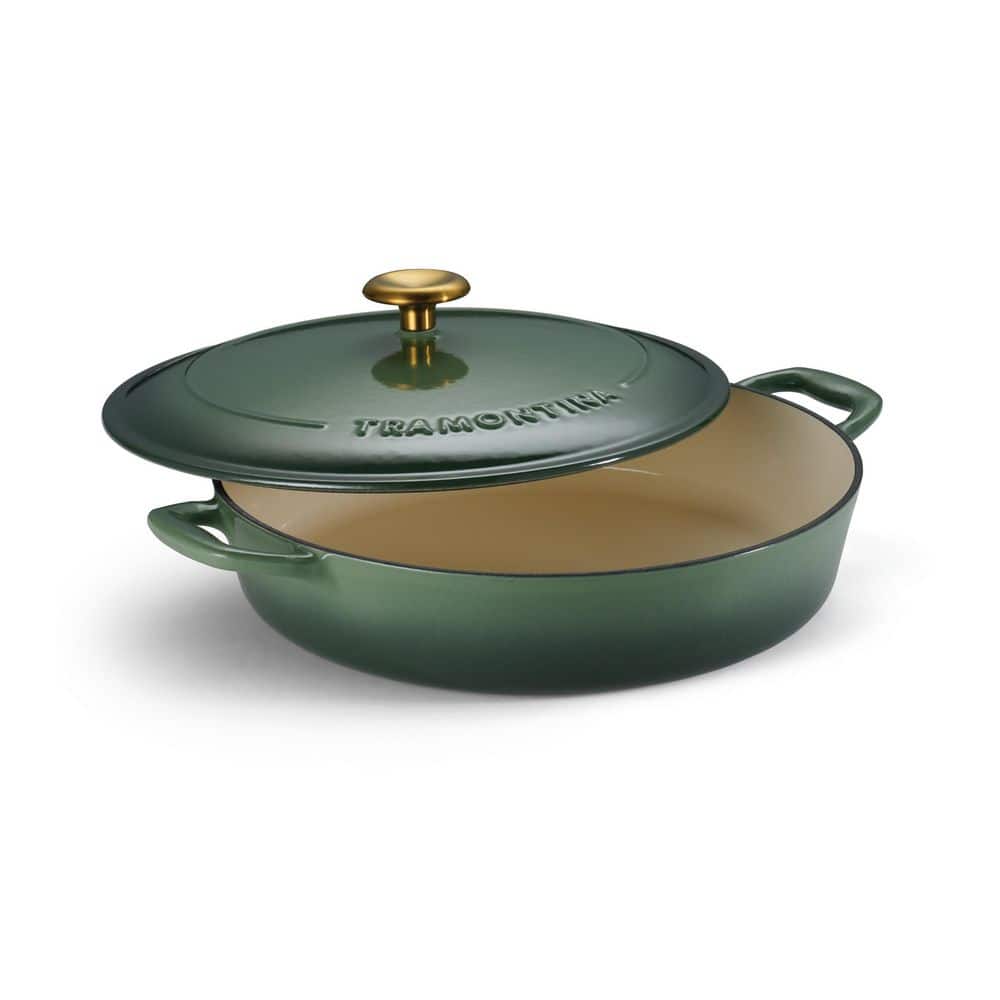Tramontina Bestow 4 Qt. Enameled Covered Cast Iron Braiser-Cactus With Gold Stainless Steel Knob