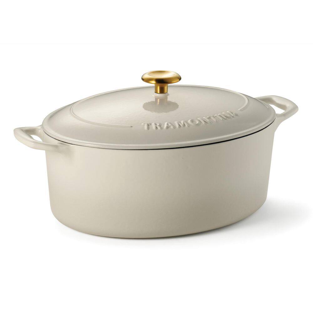 Tramontina Bestow 7 Qt. Enameled Cast Iron Oval Dutch Oven With Lid-Latte With Gold Knob