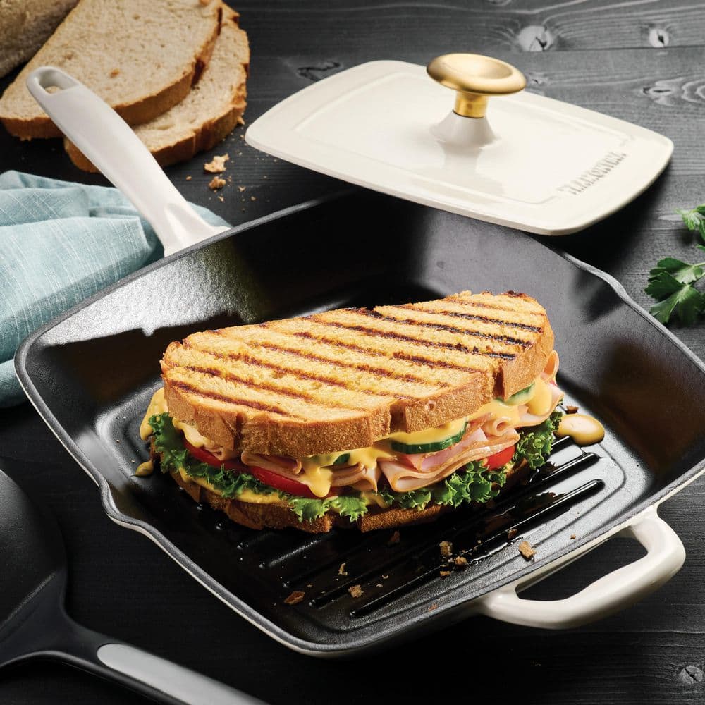 Tramontina Bestow 11 In. Cast Iron Grill Pan With Lid-Latte With Gold Knob