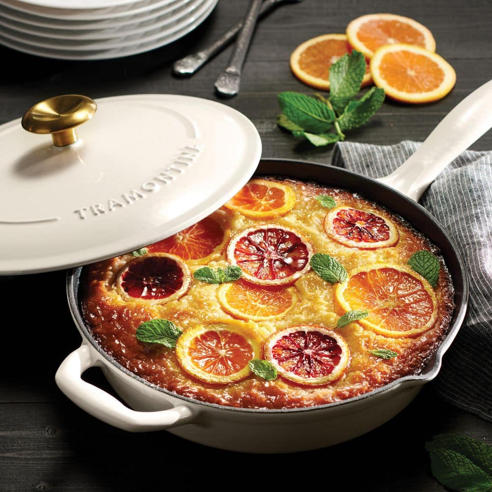 Tramontina Bestow 10 In. Enameled Covered Cast Iron Skillet With Lid-Latte With Gold Knob