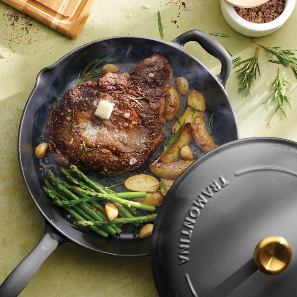 Tramontina Bestow 12 In. Enameled Covered Cast Iron Skillet-Smoke With Gold Stainless Steel Knob