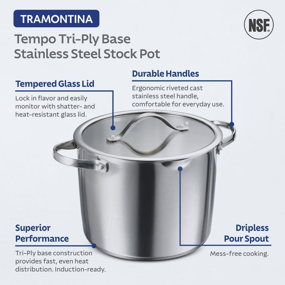 Tramontina Tempo 8 Qt. Tri-Ply Base Stainless Glass Covered Stock Pot