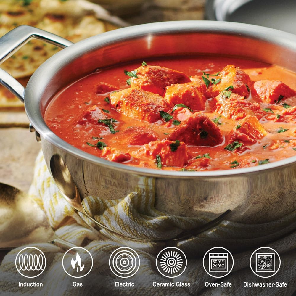 Tramontina Utsava 8.4 In. 1.8 Qt Tri-Ply Clad Stainless Steel Kadai Pan With Lid – Induction & Gas Compatible - Cookware