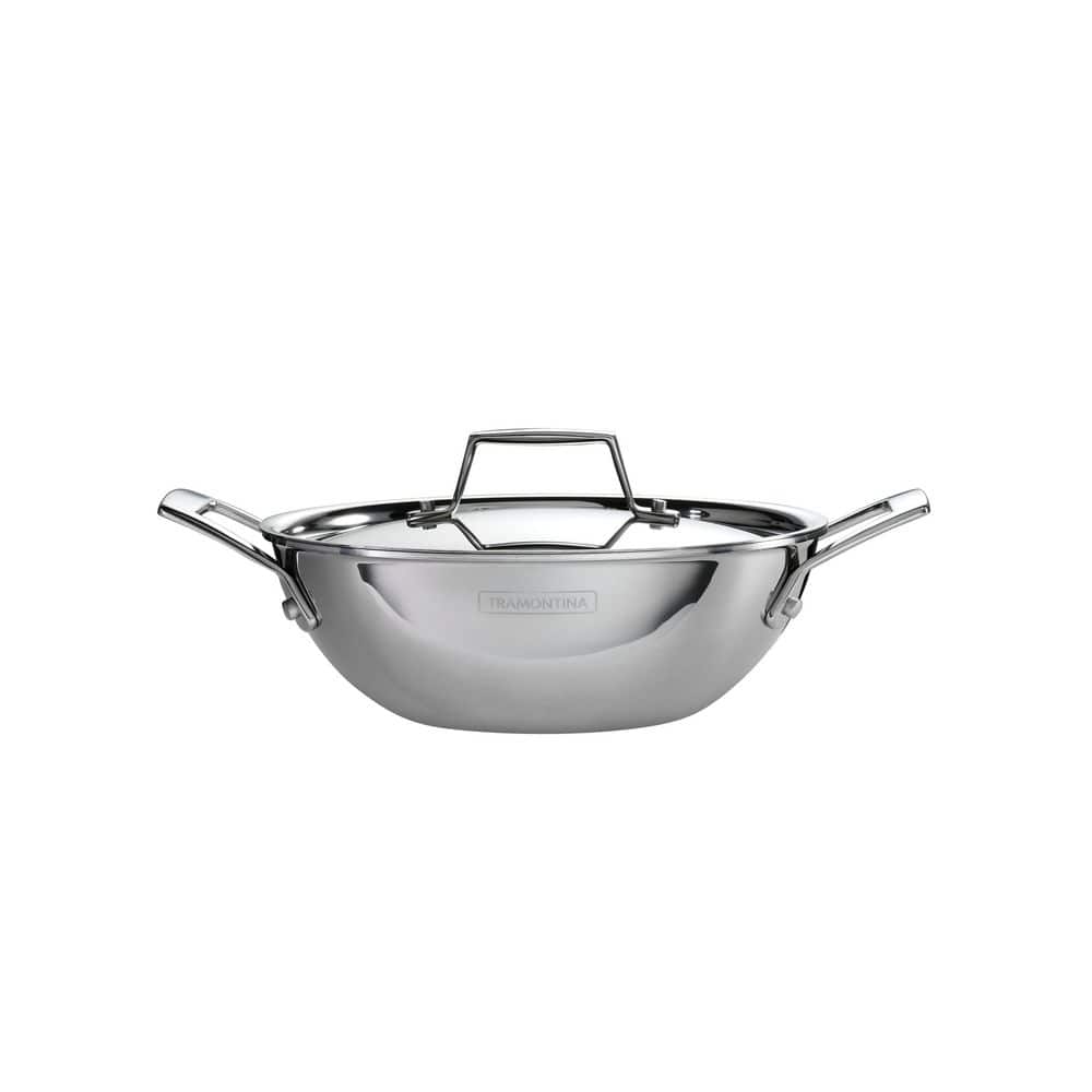 Tramontina Utsava 8.4 In. 1.8 Qt Tri-Ply Clad Stainless Steel Kadai Pan With Lid – Induction & Gas Compatible - Cookware