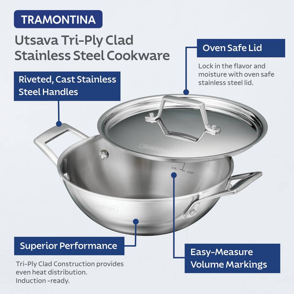 Tramontina Utsava 4 Qt. Tri-Ply Clad Stainless Steel Kadai Pan With Lid, 10 In. – Induction And Gas Compatible