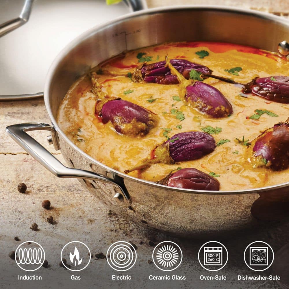 Tramontina Utsava 4 Qt. Tri-Ply Clad Stainless Steel Kadai Pan With Lid, 10 In. – Induction And Gas Compatible