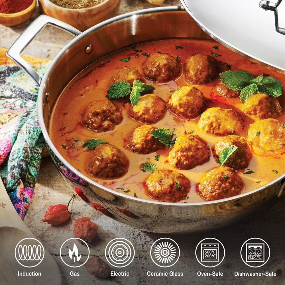 Tramontina Utsava 6.25 Qt Tri-Ply Clad Stainless Steel Kadai With Lid – 12.4 In, Compatible With Gas, Induction & Oven - Cookware