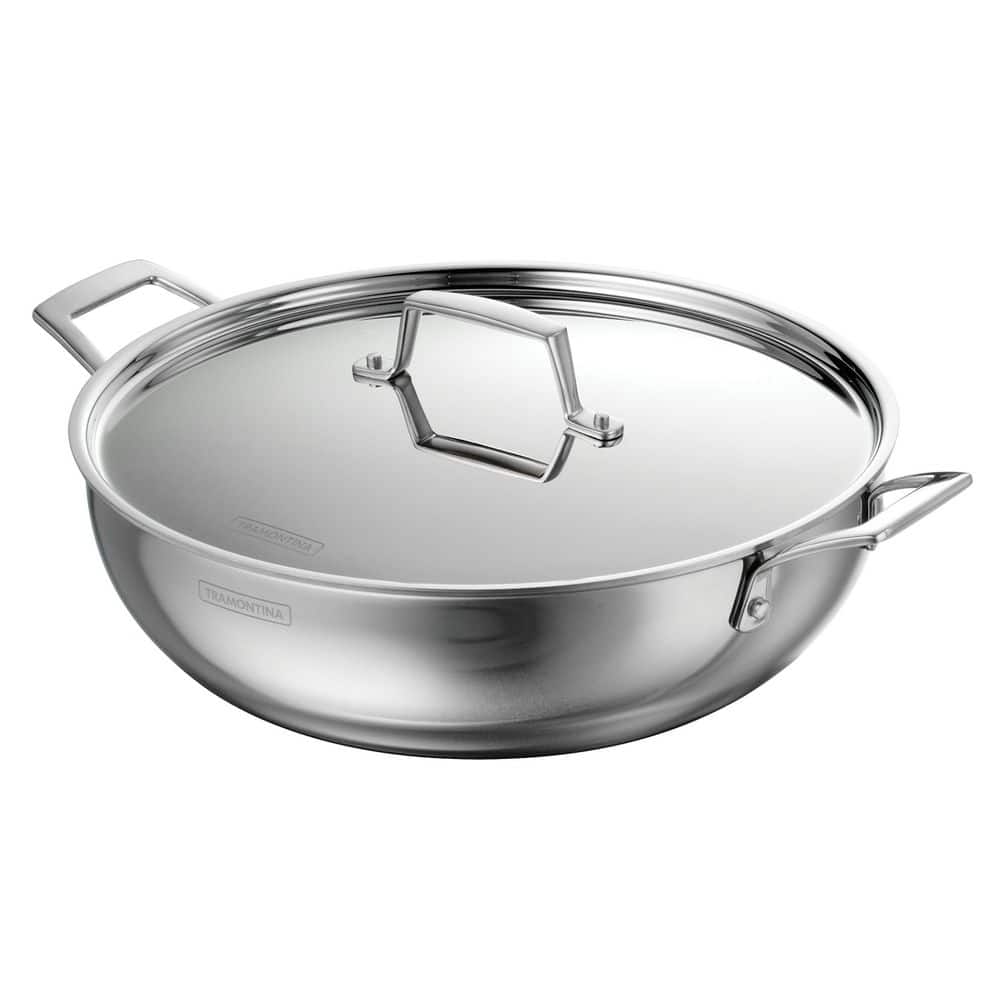 Tramontina Utsava 6.25 Qt Tri-Ply Clad Stainless Steel Kadai With Lid – 12.4 In, Compatible With Gas, Induction & Oven - Cookware