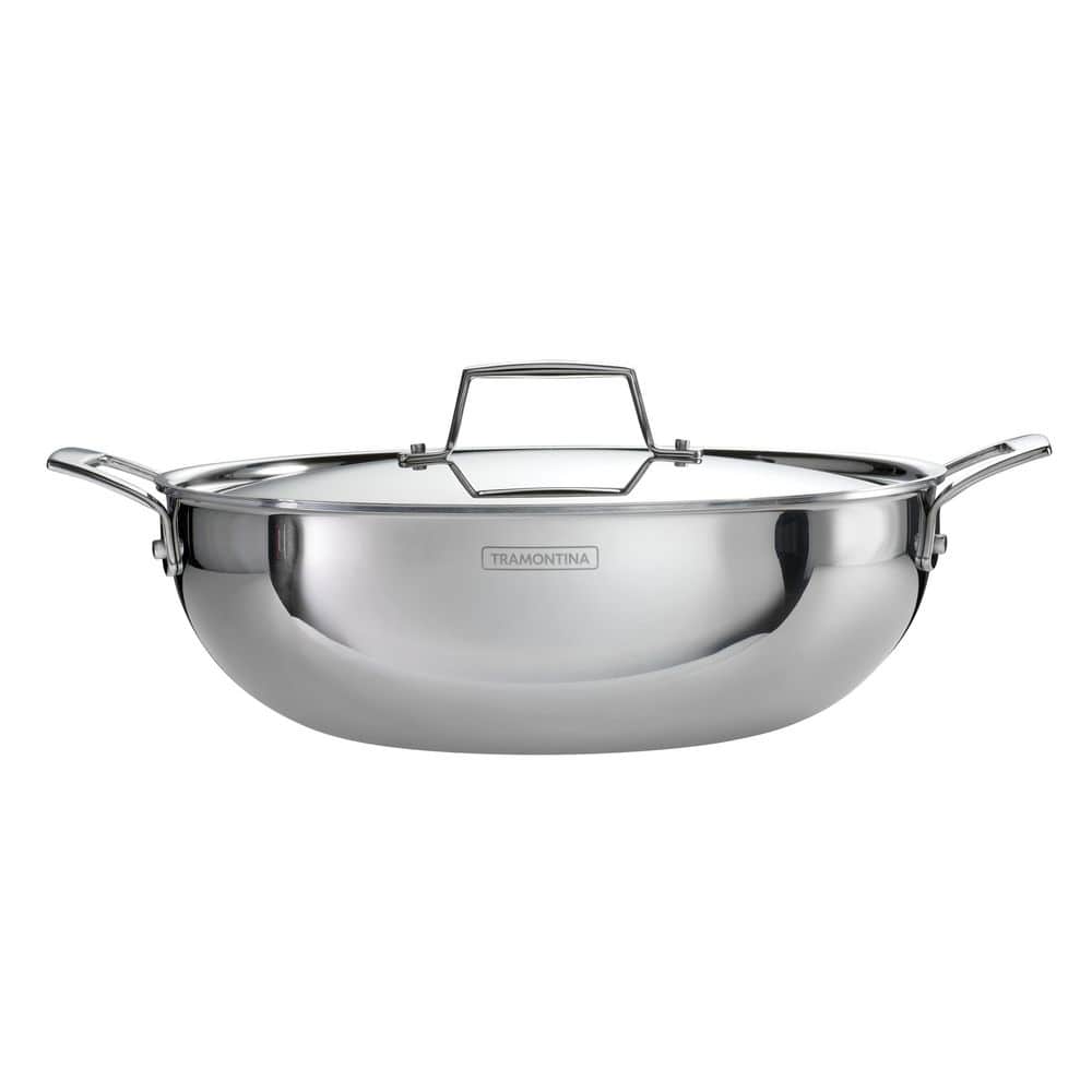 Tramontina Utsava 6.25 Qt Tri-Ply Clad Stainless Steel Kadai With Lid – 12.4 In, Compatible With Gas, Induction & Oven - Cookware