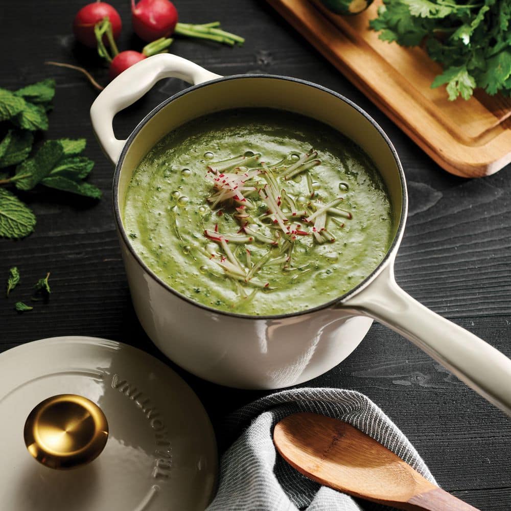 Tramontina Bestow 2.5 Qt. Enameled Covered Cast Iron Sauce Pan With Lid-Latte With Gold Knob