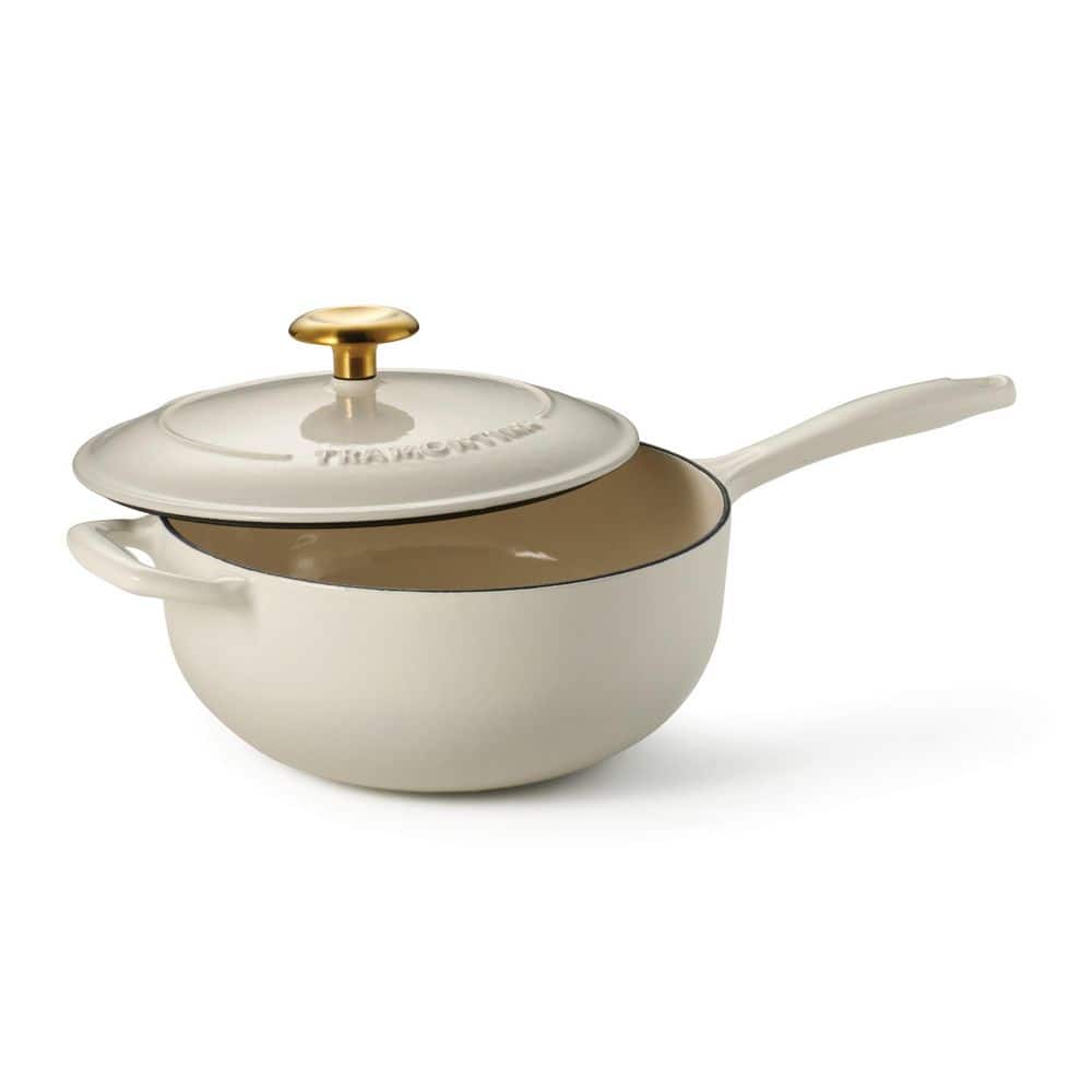 Tramontina 3 Qt. Enameled Covered Cast Iron Saucier With Lid-Latte With Gold Knob