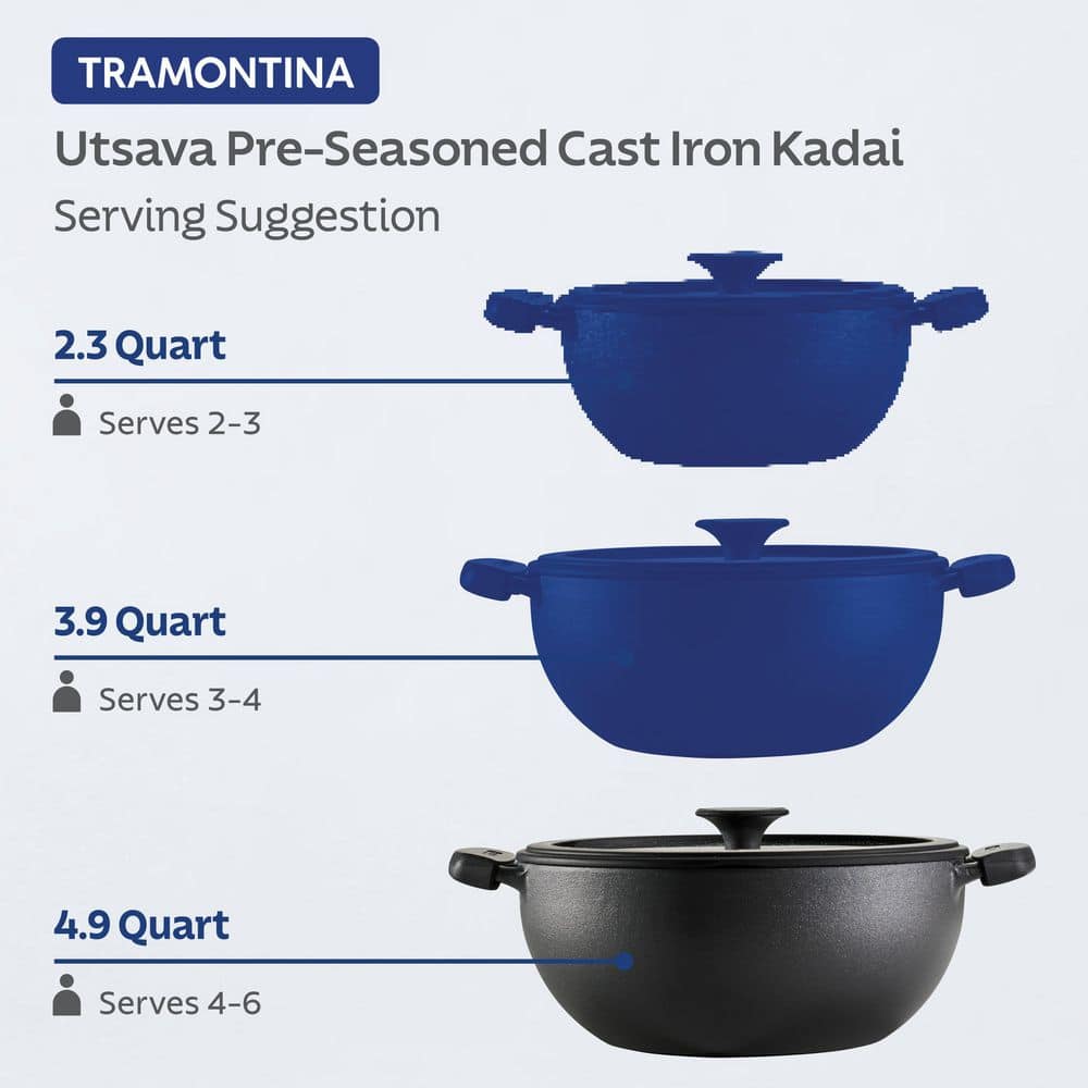 Tramontina Utsava 4.9 Qt. Pre-Seasoned Cast Iron Kadai With Lid – Kitchen Kadai, Compatible With Gas/Electric/Induction