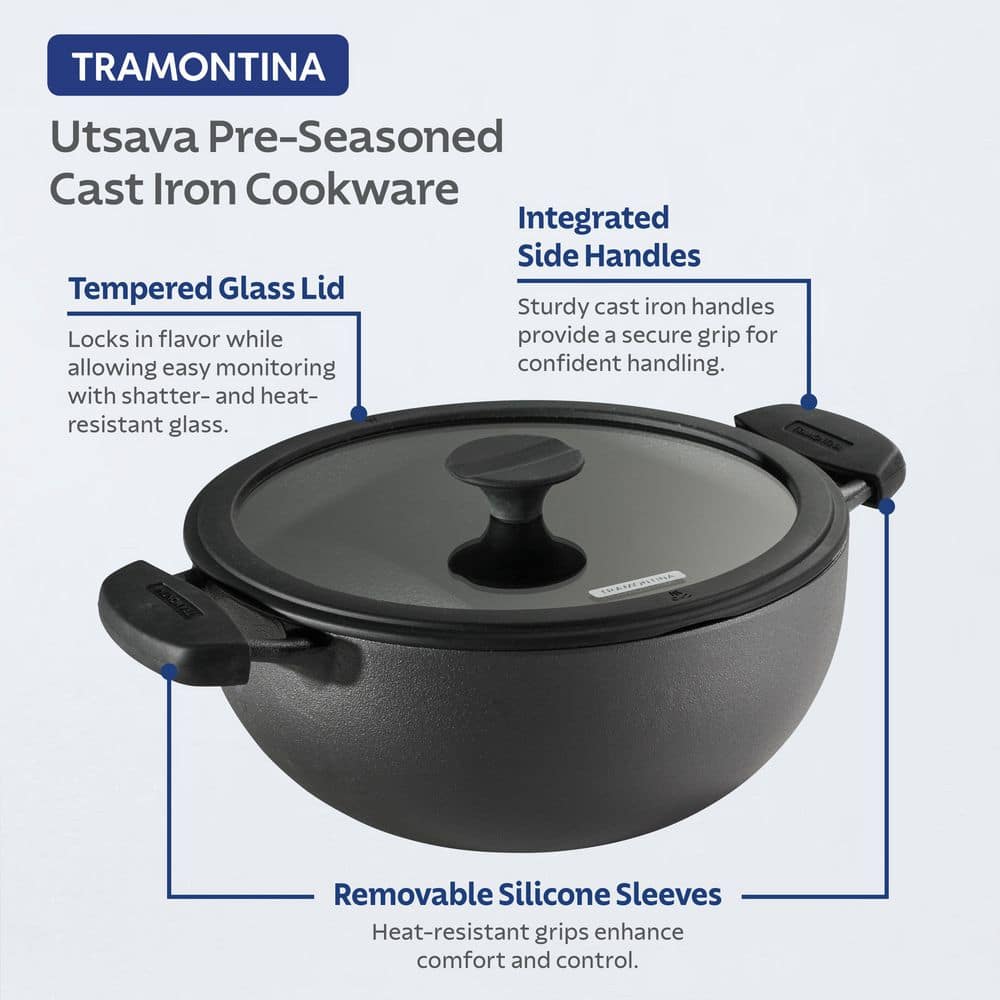 Tramontina Utsava 4.9 Qt. Pre-Seasoned Cast Iron Kadai With Lid – Kitchen Kadai, Compatible With Gas/Electric/Induction