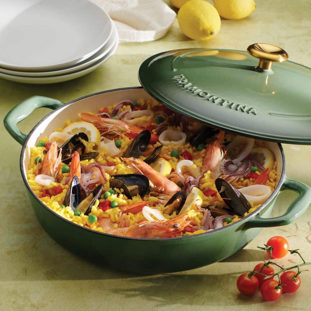 Tramontina Bestow 4 Qt. Enameled Covered Cast Iron Braiser-Cactus With Gold Stainless Steel Knob