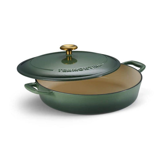 Tramontina Bestow 4 Qt. Enameled Covered Cast Iron Braiser-Cactus With Gold Stainless Steel Knob