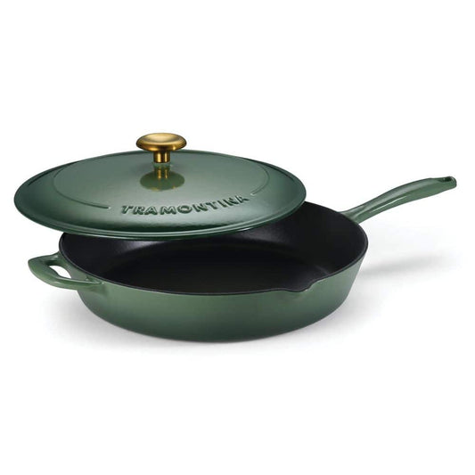 Tramontina Bestow 12 In. Enameled Covered Cast Iron Skillet-Cactus With Gold Stainless Steel Knob