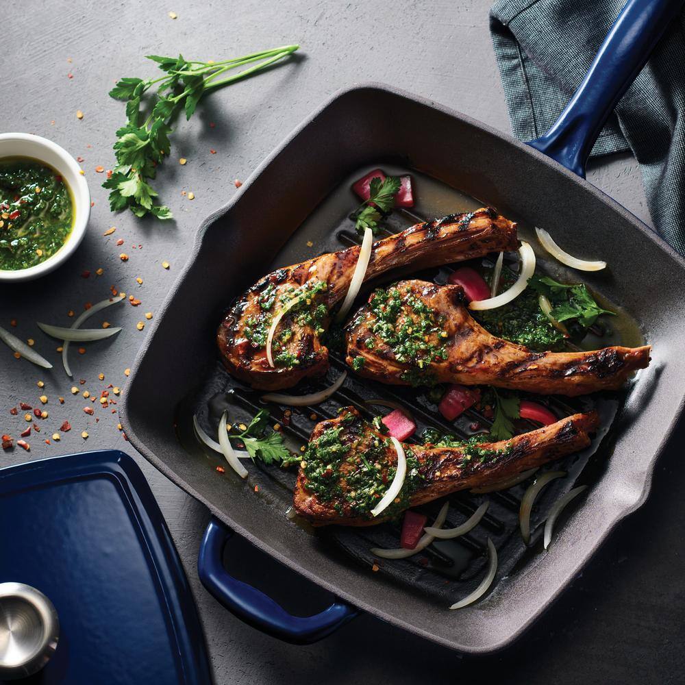 Tramontina Bestow 11.5 In. Enameled Cast Iron Grill Pan In Gradated Cobalt With Bacon Press