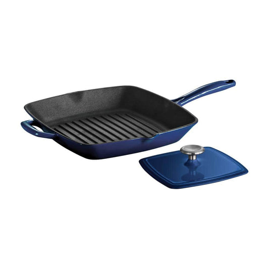 Tramontina Bestow 11.5 In. Enameled Cast Iron Grill Pan In Gradated Cobalt With Bacon Press