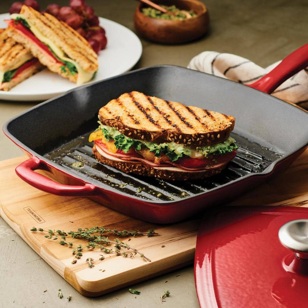 Tramontina Bestow 11.5 In. Enameled Cast Iron Grill Pan In Gradated Red With Bacon Press