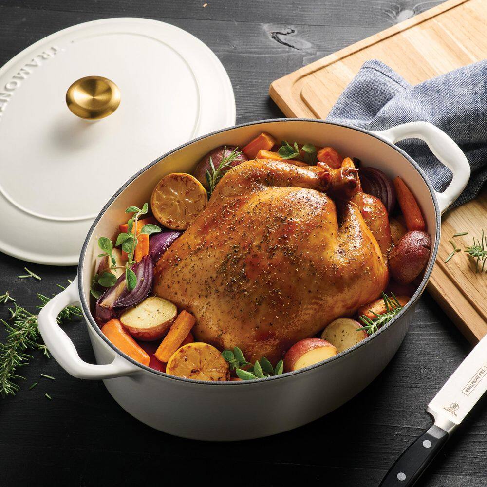 Tramontina Bestow 7 Qt. Enameled Cast Iron Oval Dutch Oven With Lid-Latte With Gold Knob