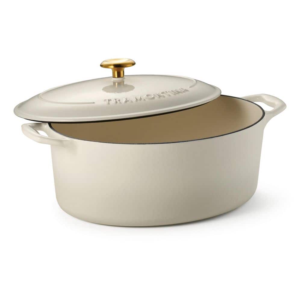Tramontina Bestow 7 Qt. Enameled Cast Iron Oval Dutch Oven With Lid-Latte With Gold Knob