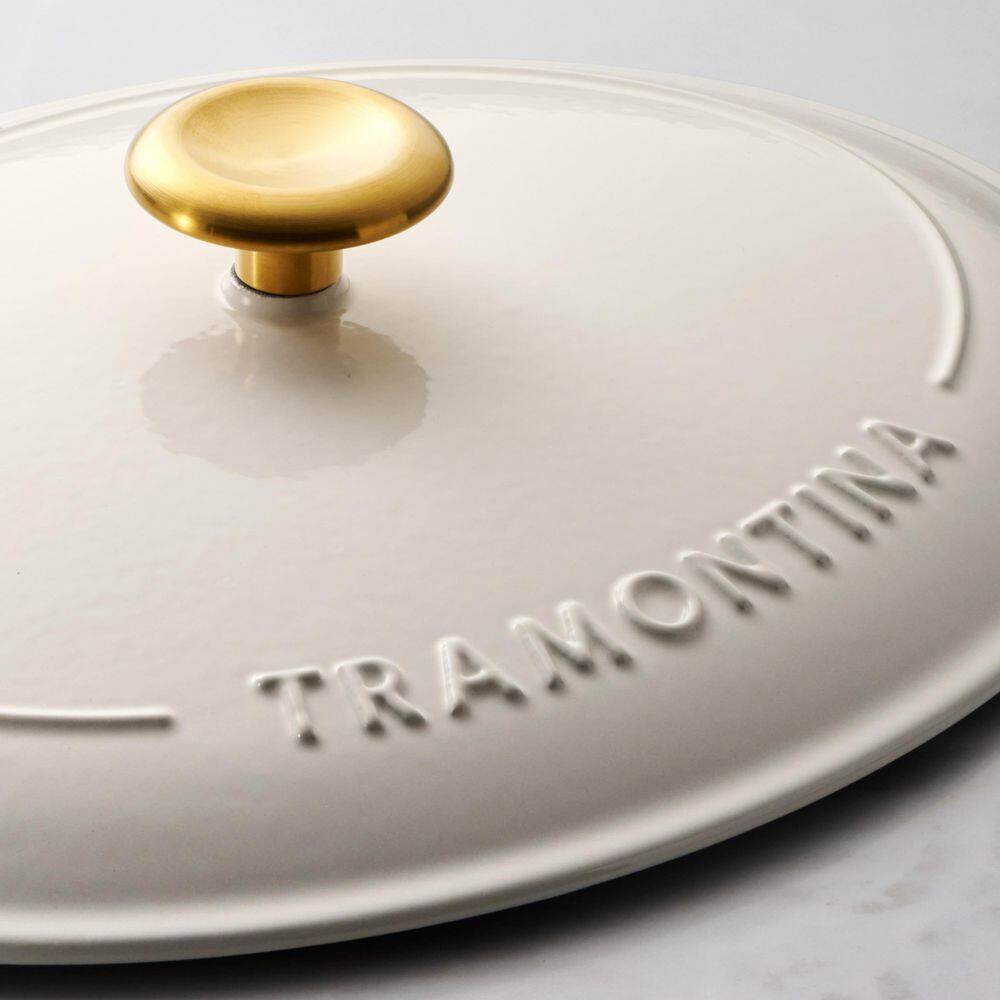 Tramontina Bestow 7 Qt. Enameled Cast Iron Oval Dutch Oven With Lid-Latte With Gold Knob