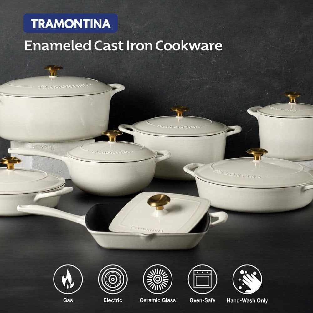 Tramontina Bestow 6.5 Qt. Enameled Cast Iron Round Dutch Oven With Lid-Latte With Gold Knob