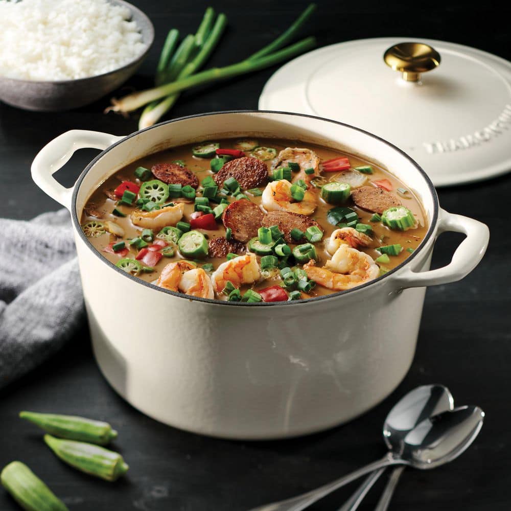 Tramontina Bestow 6.5 Qt. Enameled Cast Iron Round Dutch Oven With Lid-Latte With Gold Knob