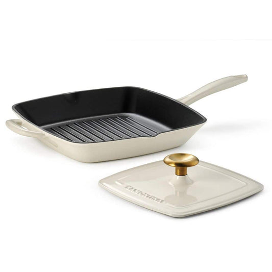 Tramontina Bestow 11 In. Cast Iron Grill Pan With Lid-Latte With Gold Knob