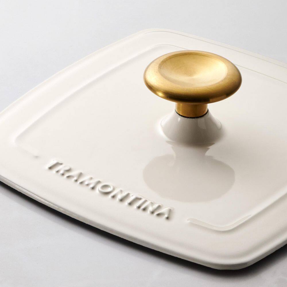Tramontina Bestow 11 In. Cast Iron Grill Pan With Lid-Latte With Gold Knob