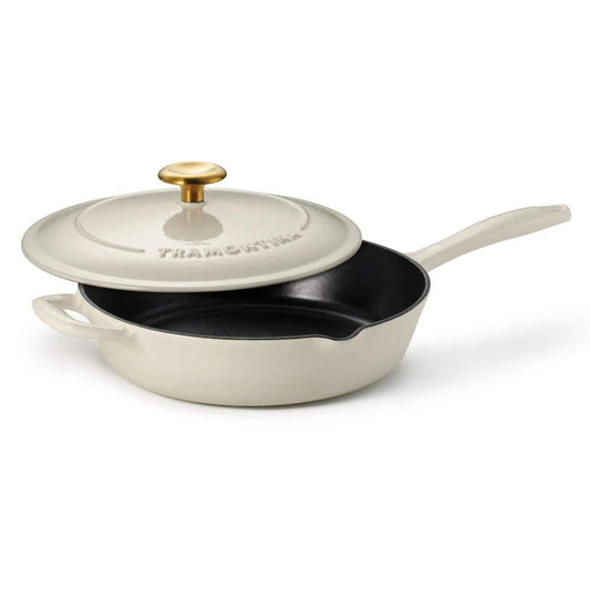 Tramontina Bestow 10 In. Enameled Covered Cast Iron Skillet With Lid-Latte With Gold Knob