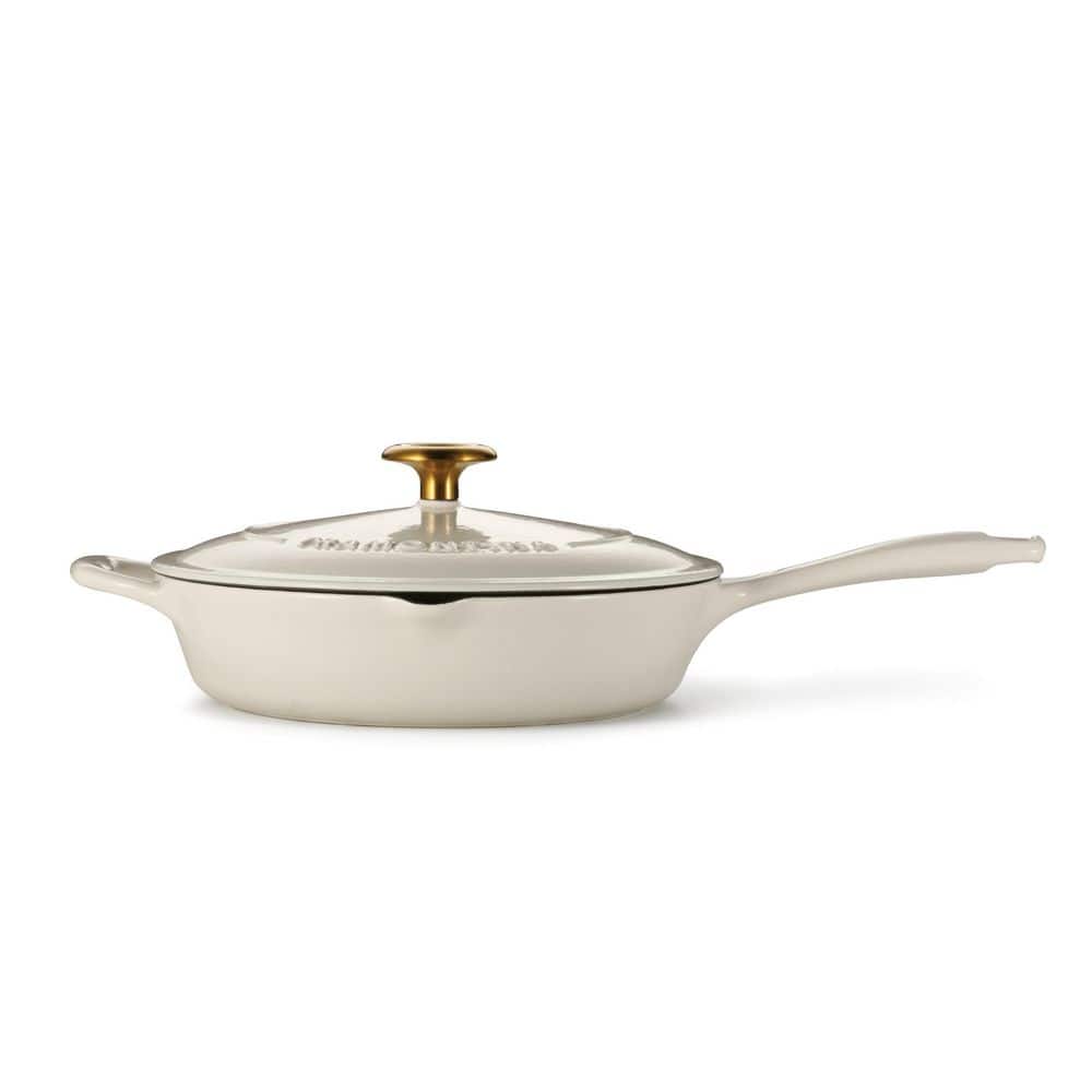 Tramontina Bestow 10 In. Enameled Covered Cast Iron Skillet With Lid-Latte With Gold Knob