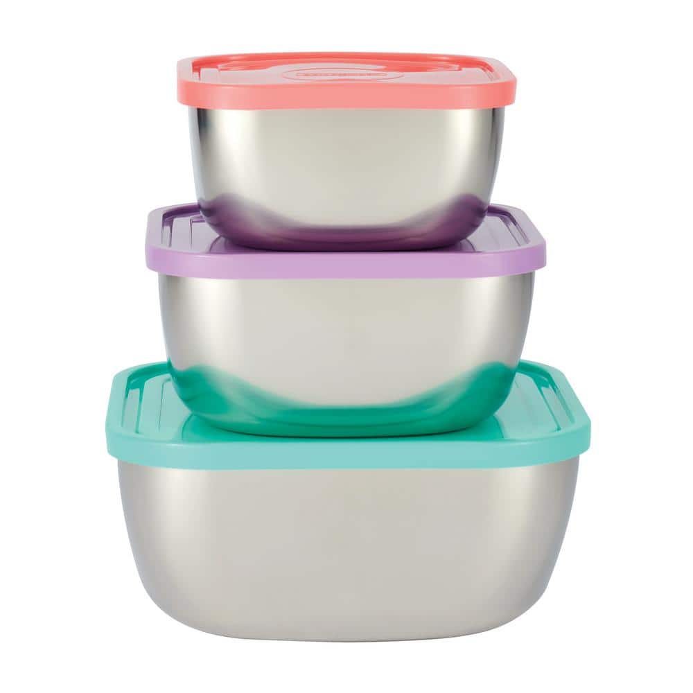 Tramontina 3 Pc Stainless Steel Covered Square Container Set - Multi Color Lids