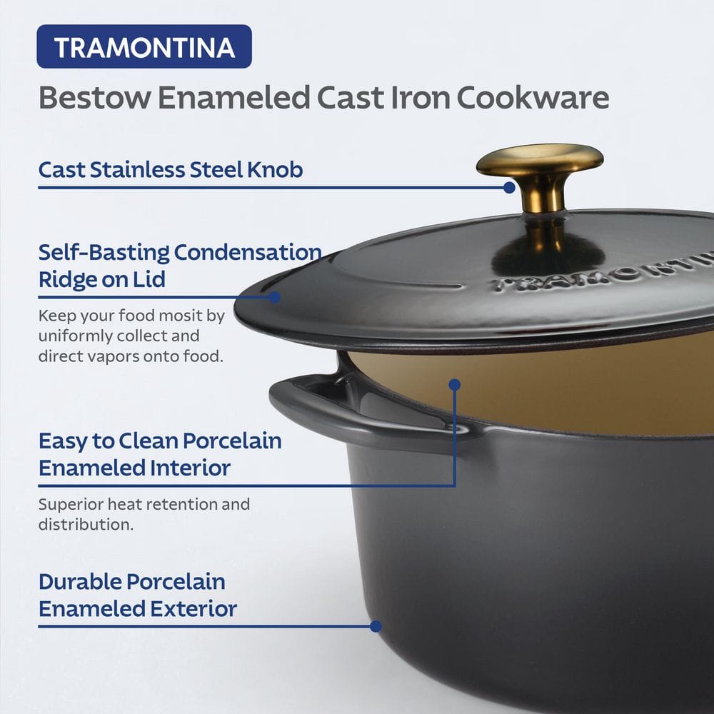 Tramontina Bestow 5.5 Qt. Enameled Cast Iron Round Dutch Oven-Smoke With Gold Stainless Steel Knob