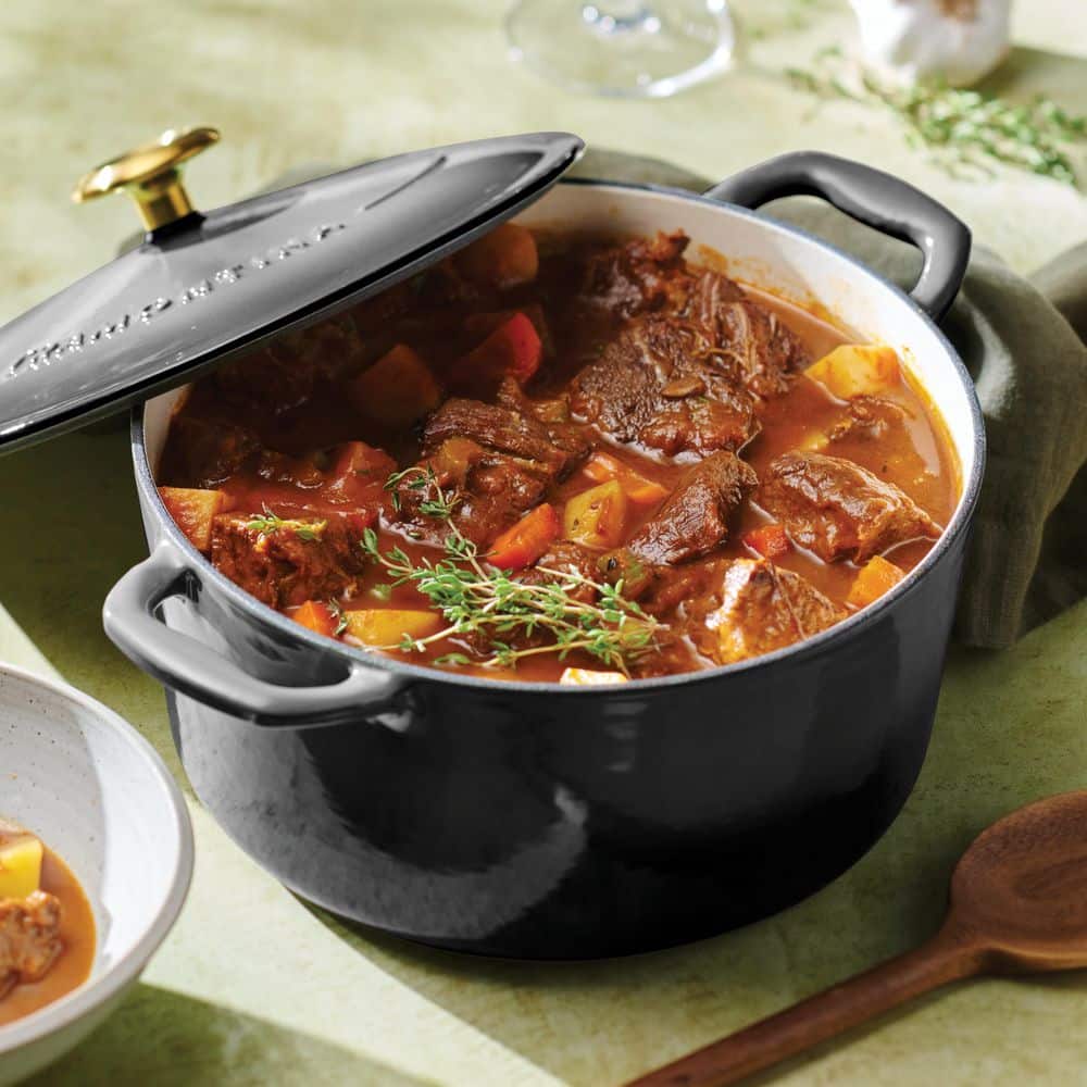 Tramontina Bestow 5.5 Qt. Enameled Cast Iron Round Dutch Oven-Smoke With Gold Stainless Steel Knob
