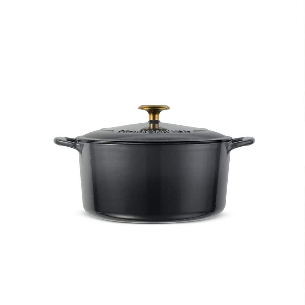 Tramontina Bestow 5.5 Qt. Enameled Cast Iron Round Dutch Oven-Smoke With Gold Stainless Steel Knob