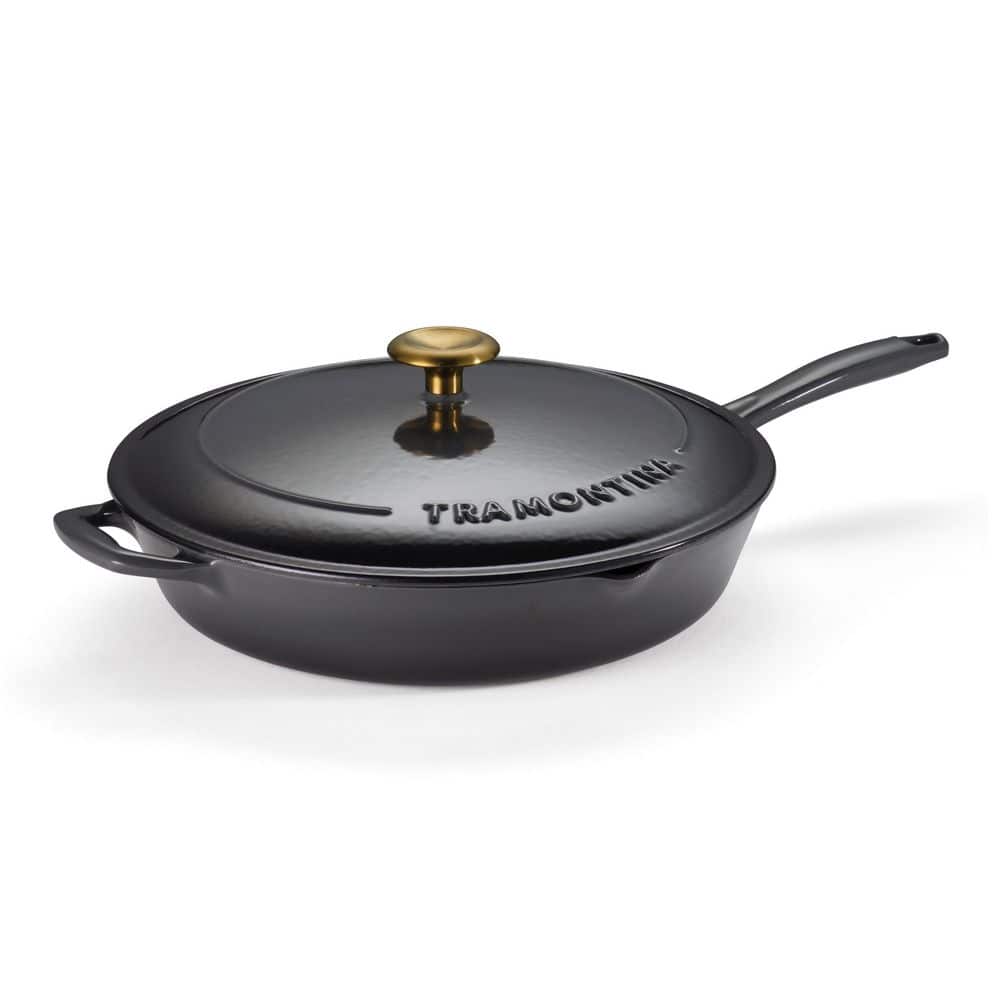 Tramontina Bestow 12 In. Enameled Covered Cast Iron Skillet-Smoke With Gold Stainless Steel Knob