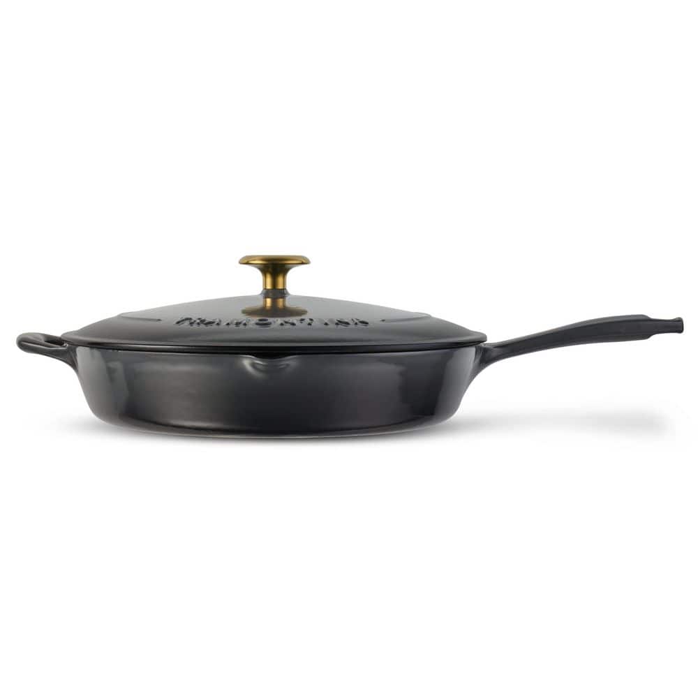 Tramontina Bestow 12 In. Enameled Covered Cast Iron Skillet-Smoke With Gold Stainless Steel Knob