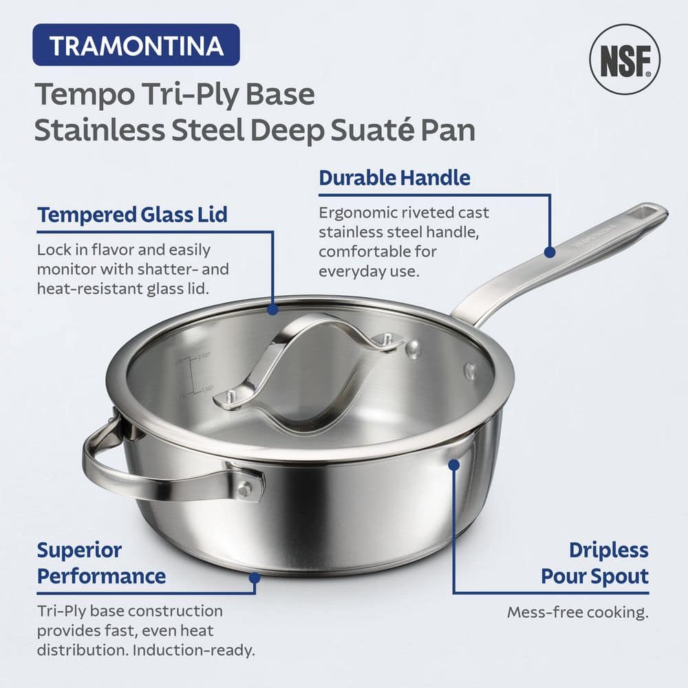 Tramontina Tempo 3.5 Qt. Tri-Ply Base Stainless Steel Covered Deep Saute Pan