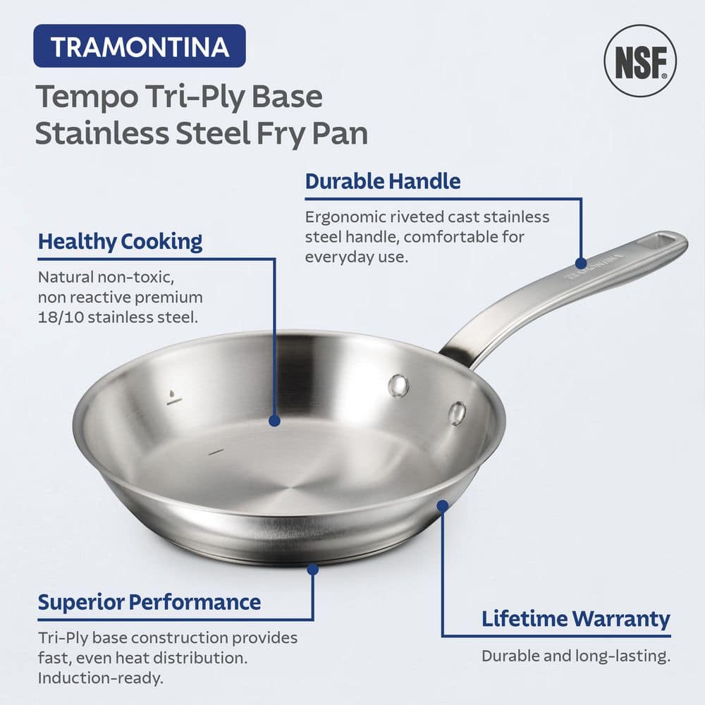 Tramontina Tempo Tri-Ply Base 8 In. Stainless Steel Frying Pan, Induction-Ready Skillet, Oven-Safe, Dishwasher-Safe