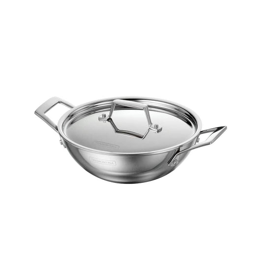 Tramontina Utsava 8.4 In. 1.8 Qt Tri-Ply Clad Stainless Steel Kadai Pan With Lid – Induction & Gas Compatible - Cookware