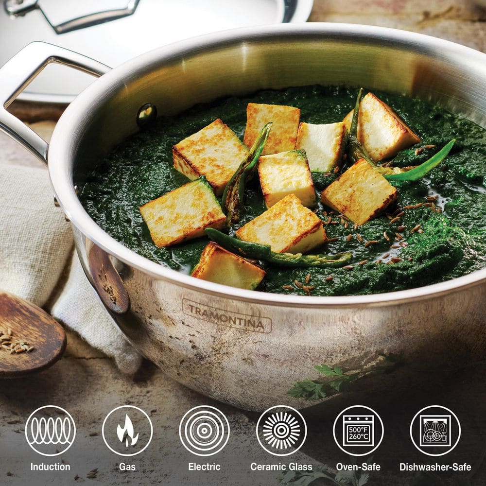 Tramontina Utsava 2.75 Qt. Pre-Seasoned Cast Iron Kadai With Lid – 10 In. Dia, Gas/Electric/Induction Compatible, Cooking Pan