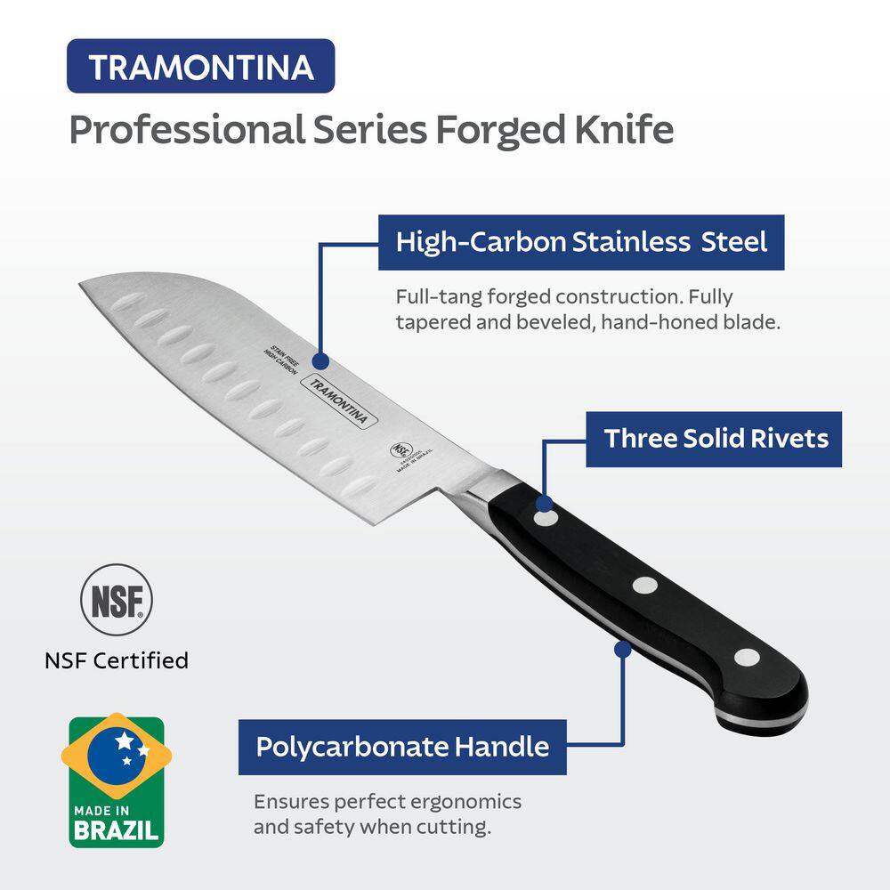Tramontina Pro Series 5 Inch High-Carbon Steel Full Tang Flate-Edge Forged Santoku Knife With Nylon Handle
