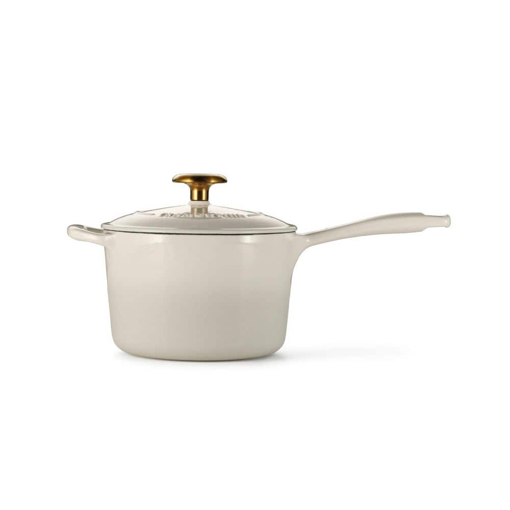 Tramontina Bestow 2.5 Qt. Enameled Covered Cast Iron Sauce Pan With Lid-Latte With Gold Knob