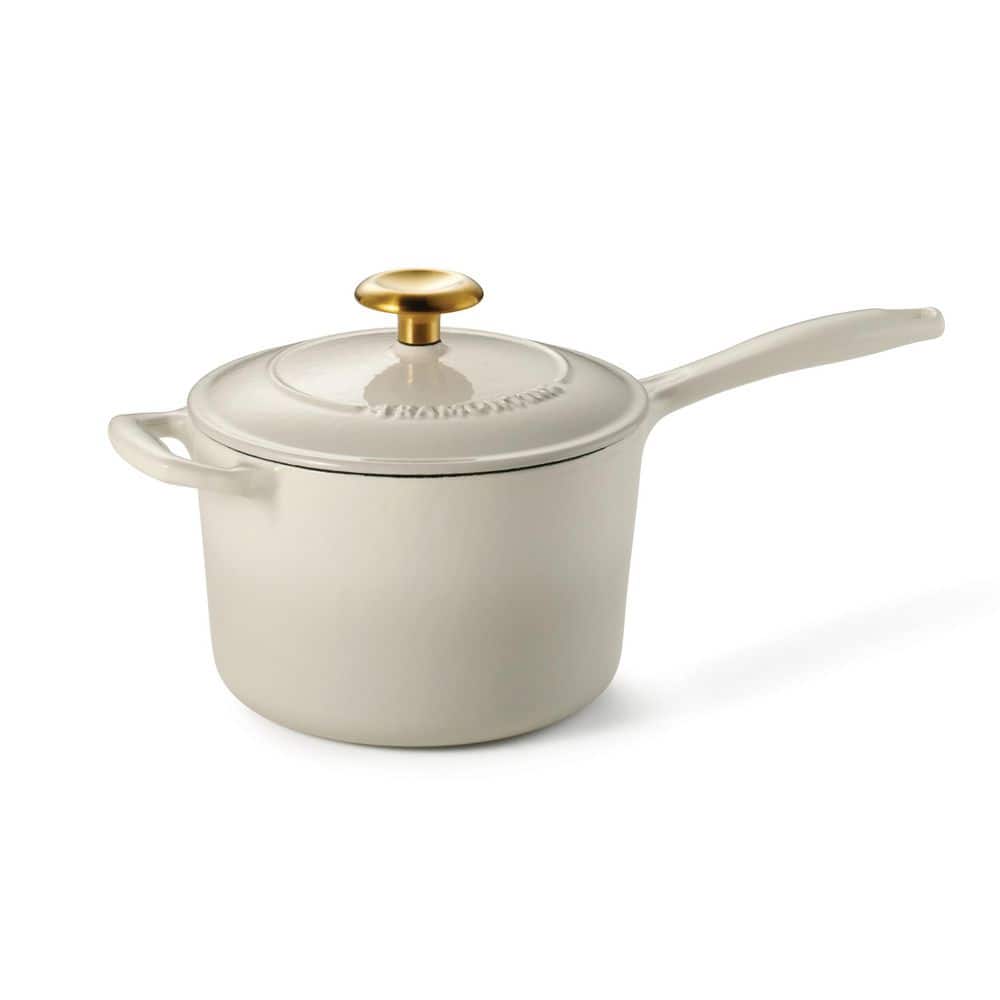 Tramontina Bestow 2.5 Qt. Enameled Covered Cast Iron Sauce Pan With Lid-Latte With Gold Knob