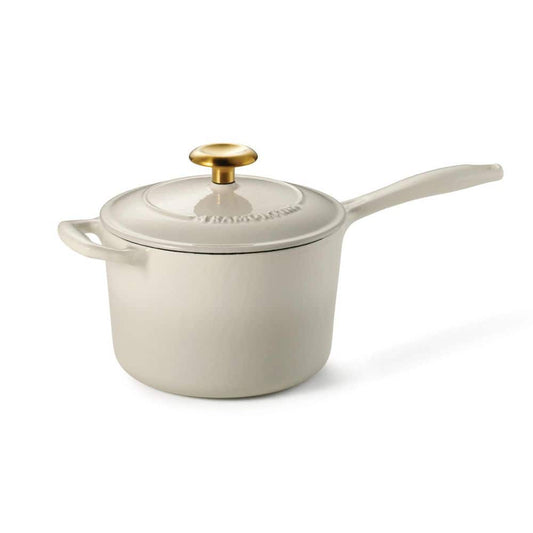 Tramontina Bestow 2.5 Qt. Enameled Covered Cast Iron Sauce Pan With Lid-Latte With Gold Knob