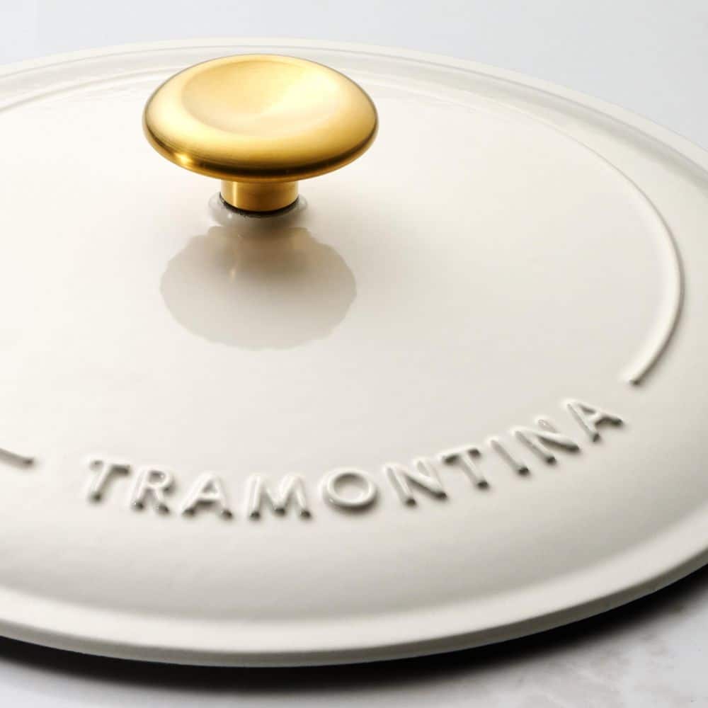 Tramontina Bestow 2.5 Qt. Enameled Covered Cast Iron Sauce Pan With Lid-Latte With Gold Knob