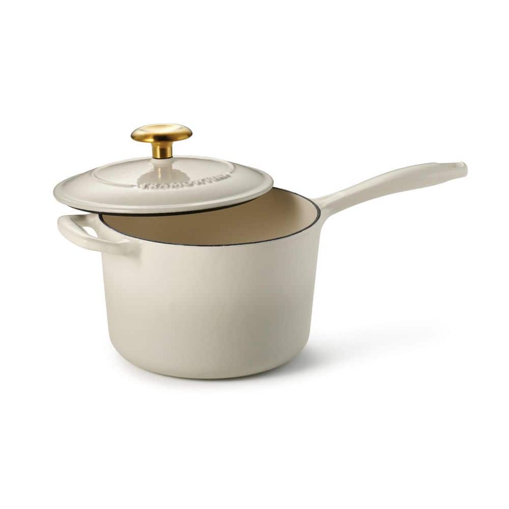 Tramontina Bestow 2.5 Qt. Enameled Covered Cast Iron Sauce Pan With Lid-Latte With Gold Knob