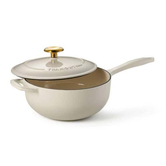 Tramontina 3 Qt. Enameled Covered Cast Iron Saucier With Lid-Latte With Gold Knob
