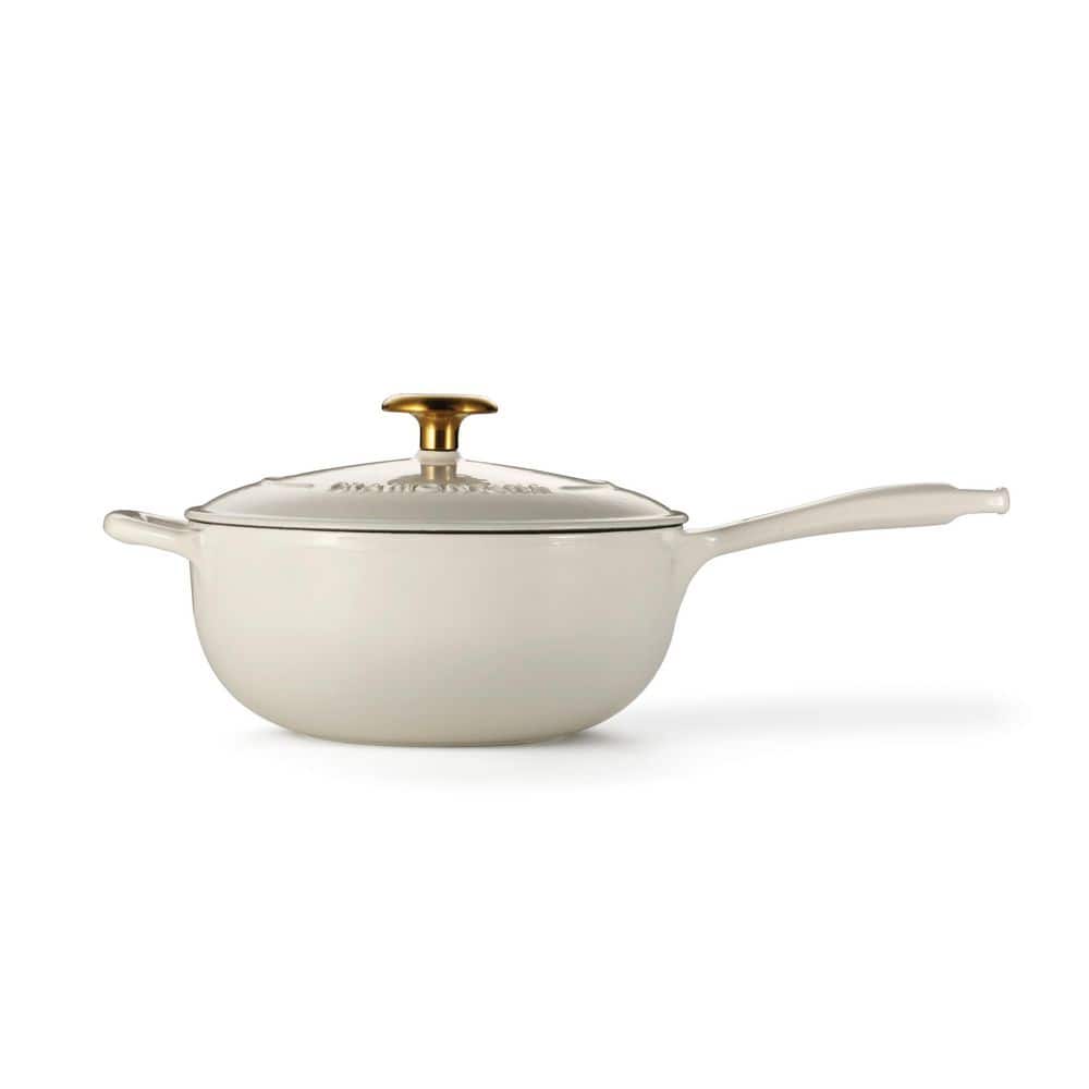 Tramontina 3 Qt. Enameled Covered Cast Iron Saucier With Lid-Latte With Gold Knob